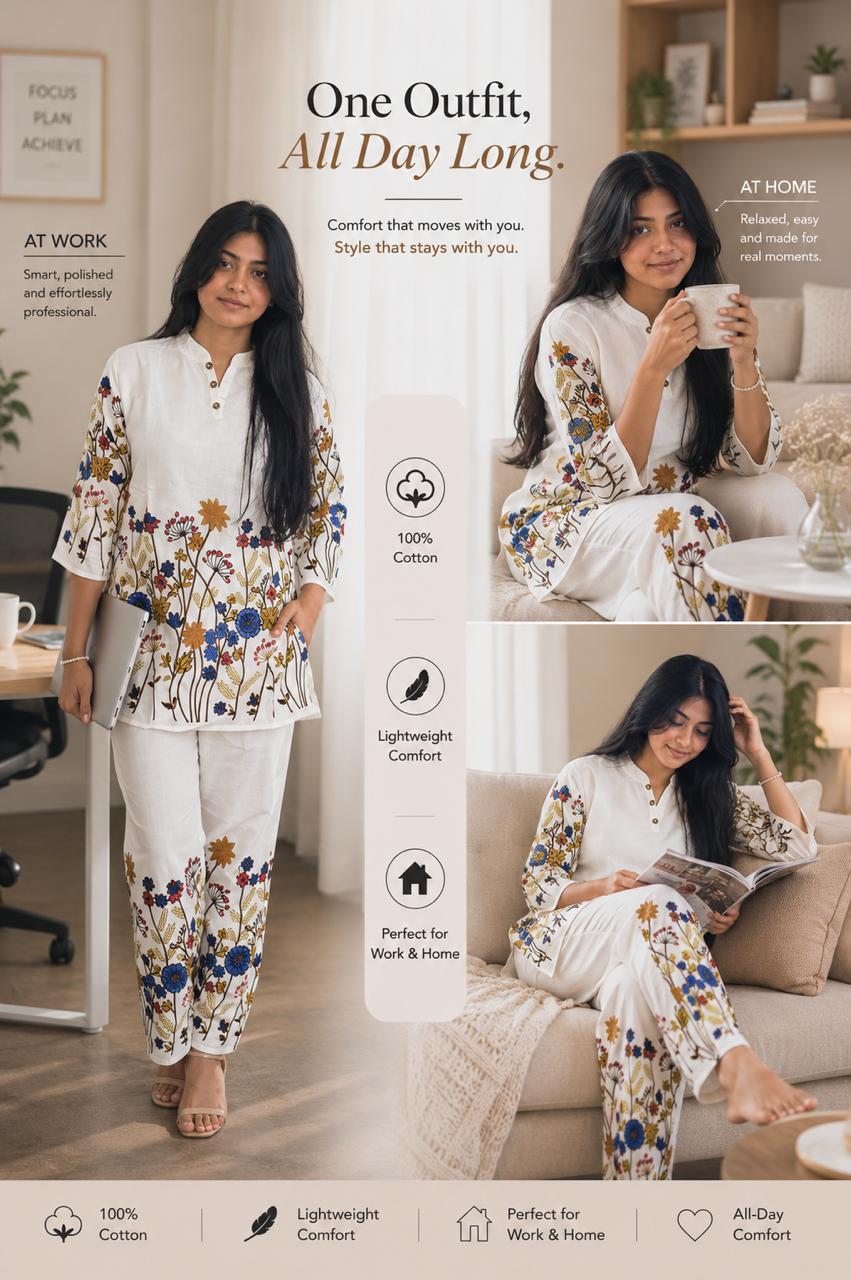 Elegant cream floral printed linen co-ords