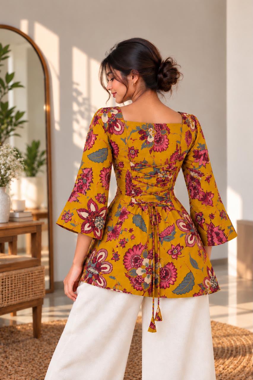 Saffron gold floral printed Premium 100% Pure Cotton Corset Back Knot Short Kurti | Printed Flared Kurti for Women