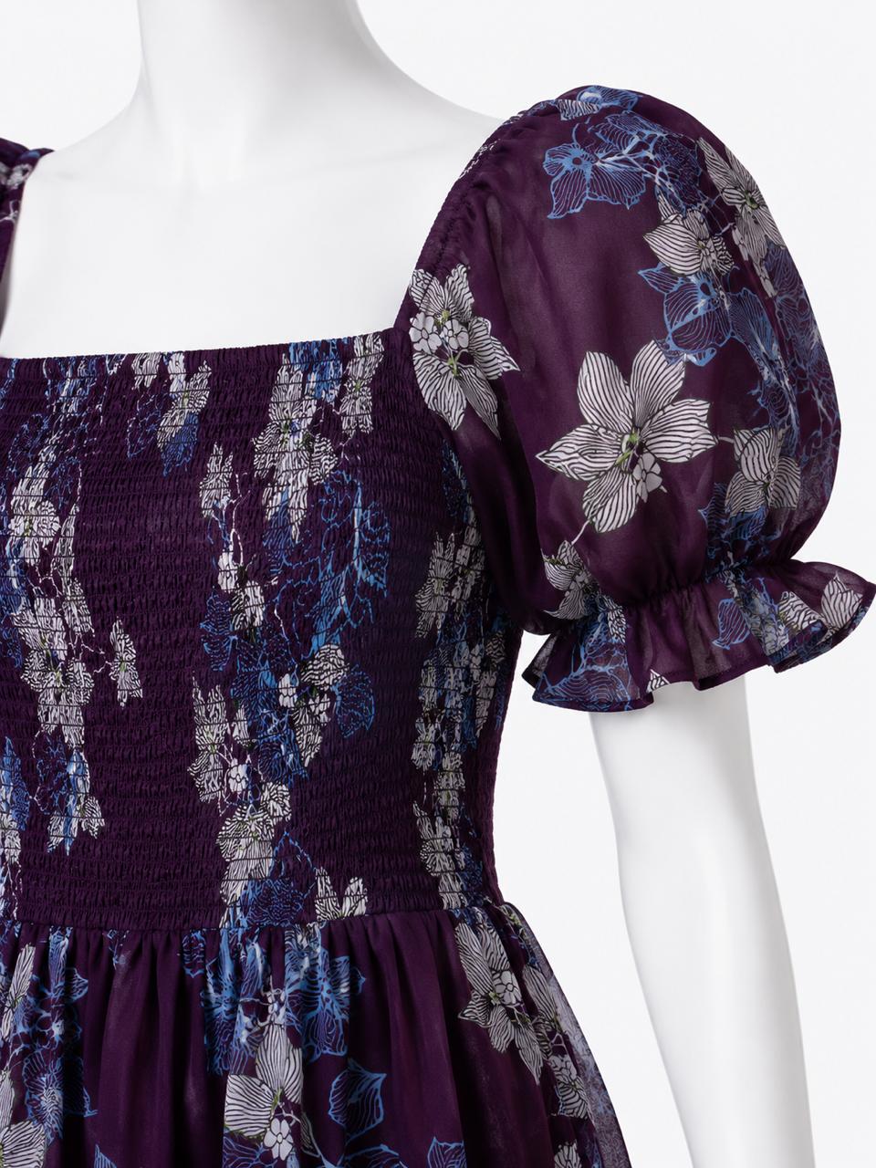 Women's deep wine floral printed sundress with puff sleeves