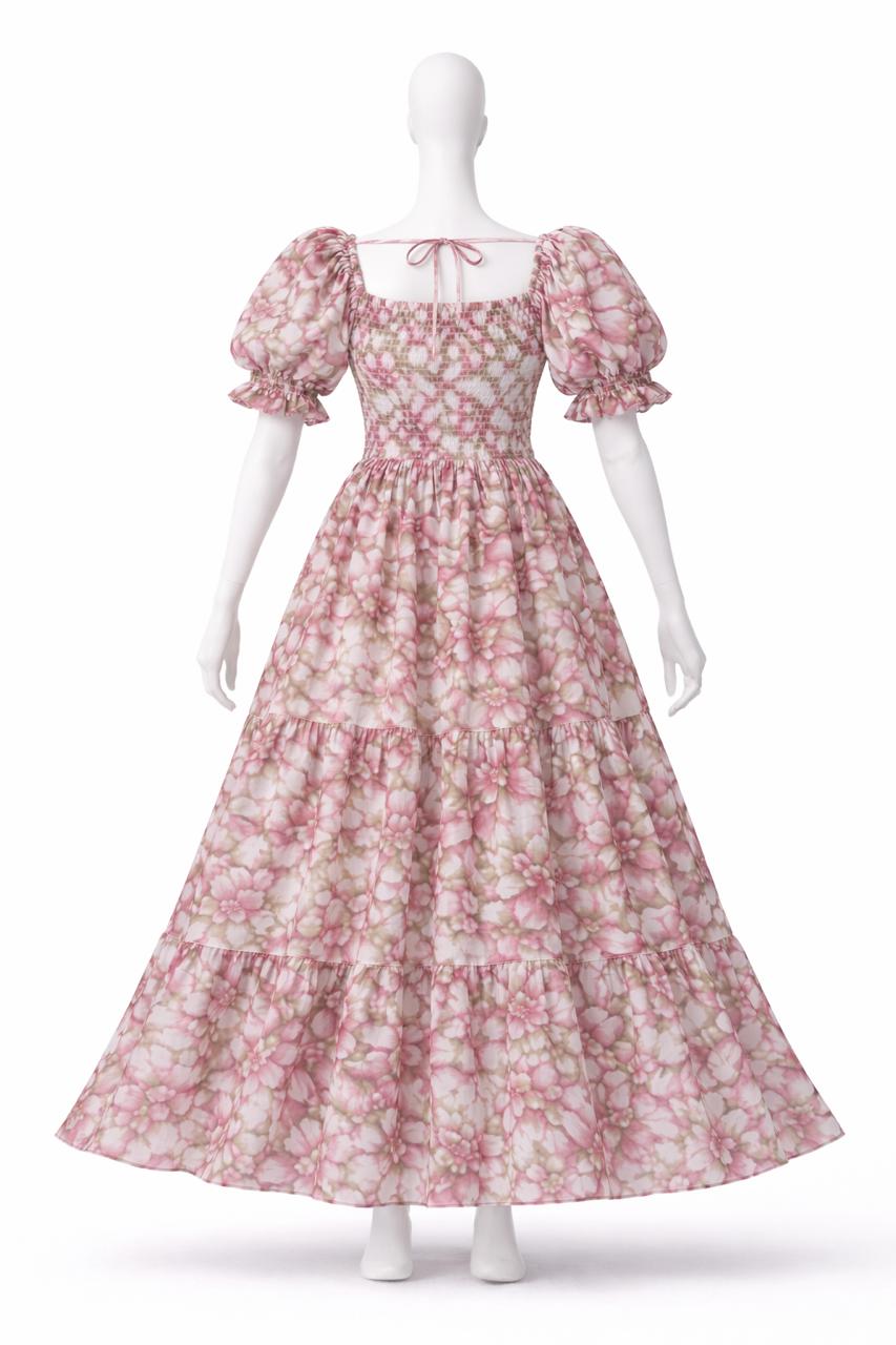 Women's pink & white floral printed sundress with puff sleeves