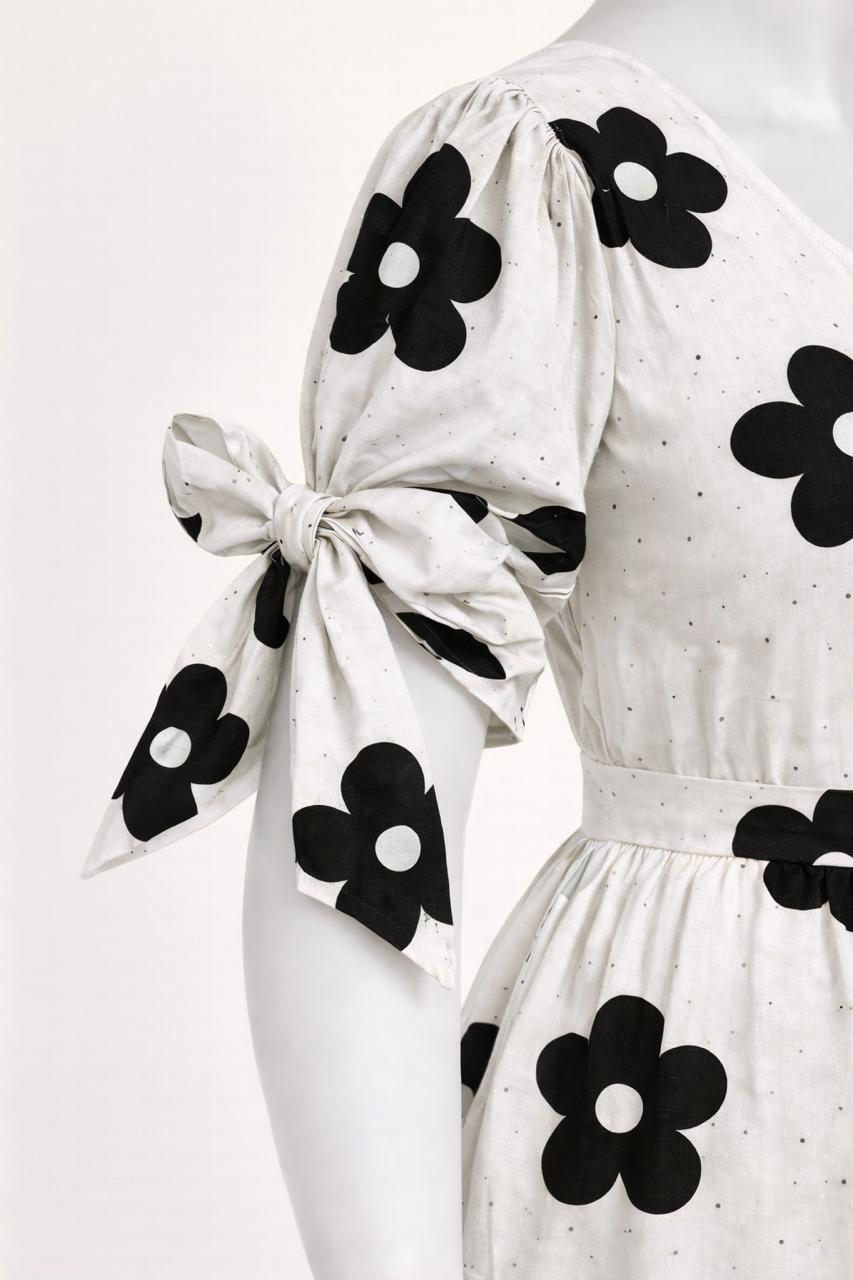 Women's white with black floral printed maxi with puff sleeves tie up dress