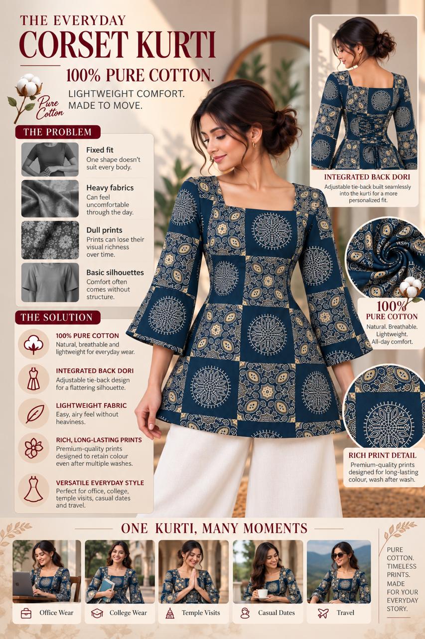Sapphire blue geometrical Premium 100% Pure Cotton Corset Back Knot Short Kurti | Printed Flared Kurti for Women