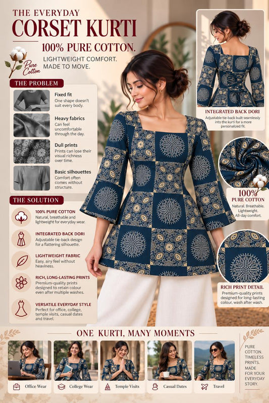 Sapphire blue geometrical Premium 100% Pure Cotton Corset Back Knot Short Kurti | Printed Flared Kurti for Women