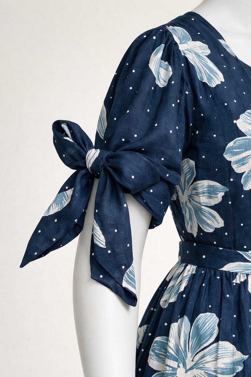 Women's navy blue floral maxi with puff sleeves tie up dress