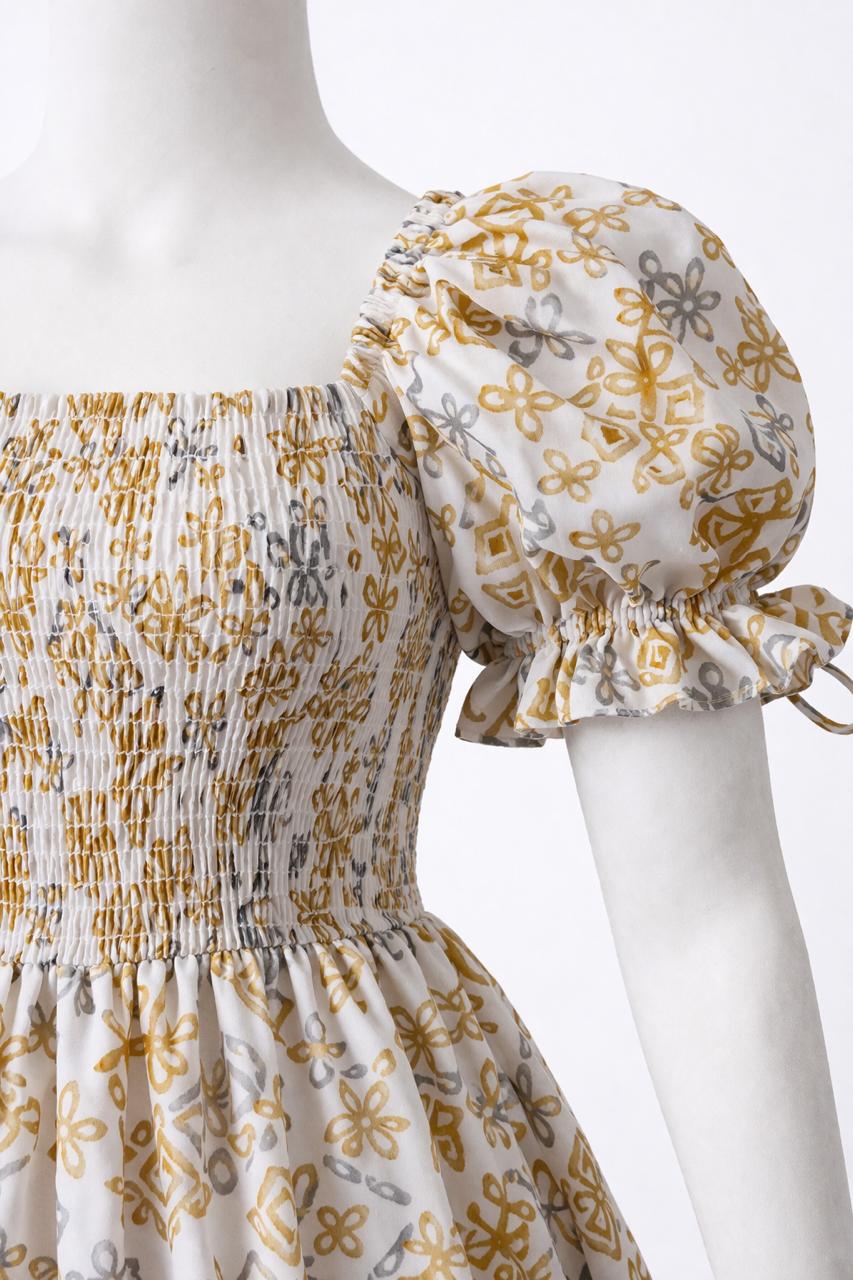 Women's white & yellow floral printed sundress with puff sleeves