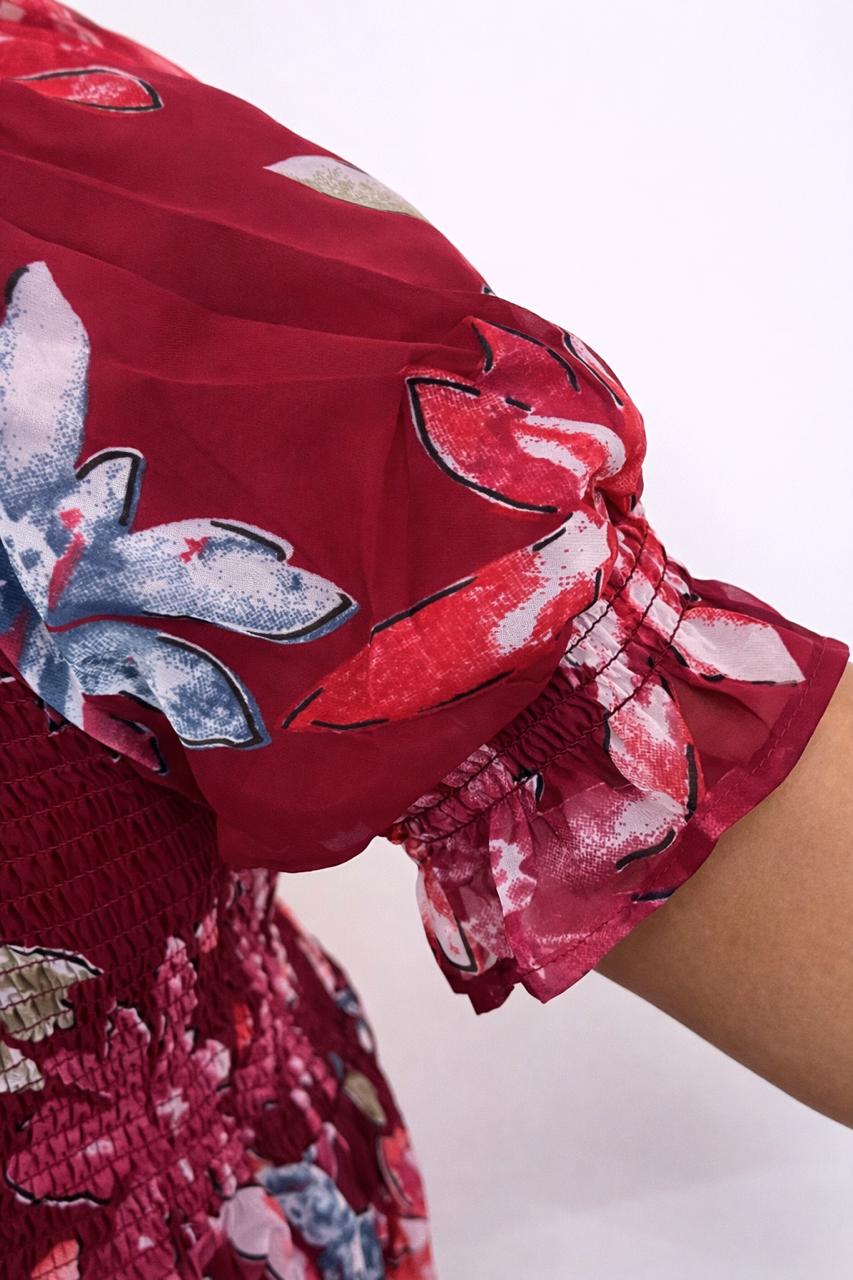Women's burgundy printed sundress with puff sleeves