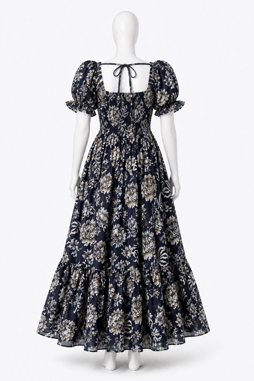 Women's Navy blue printed sundress with puff sleeves