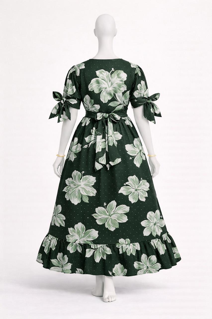 Women's green floral maxi with puff sleeves tie up dress