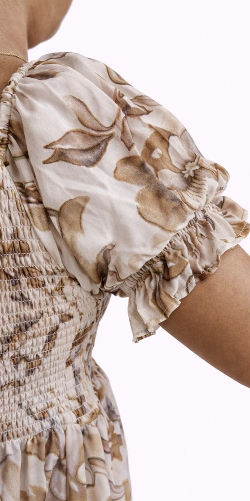 Women's brown printed sundress with puff sleeves
