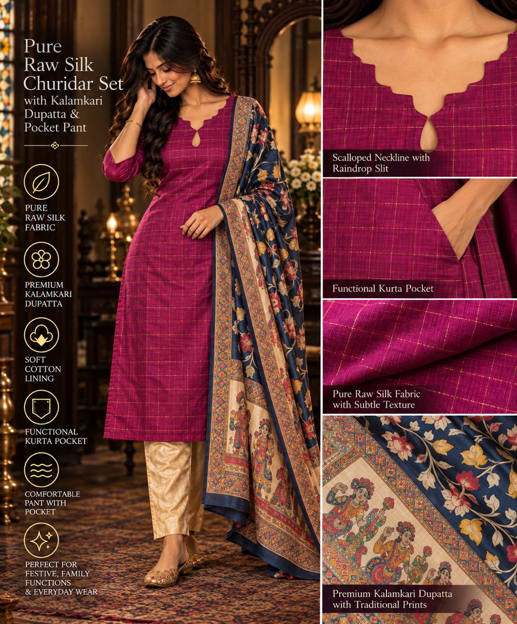 Pure Raw Silk Churidar Set with Kalamkari Dupatta & Pant