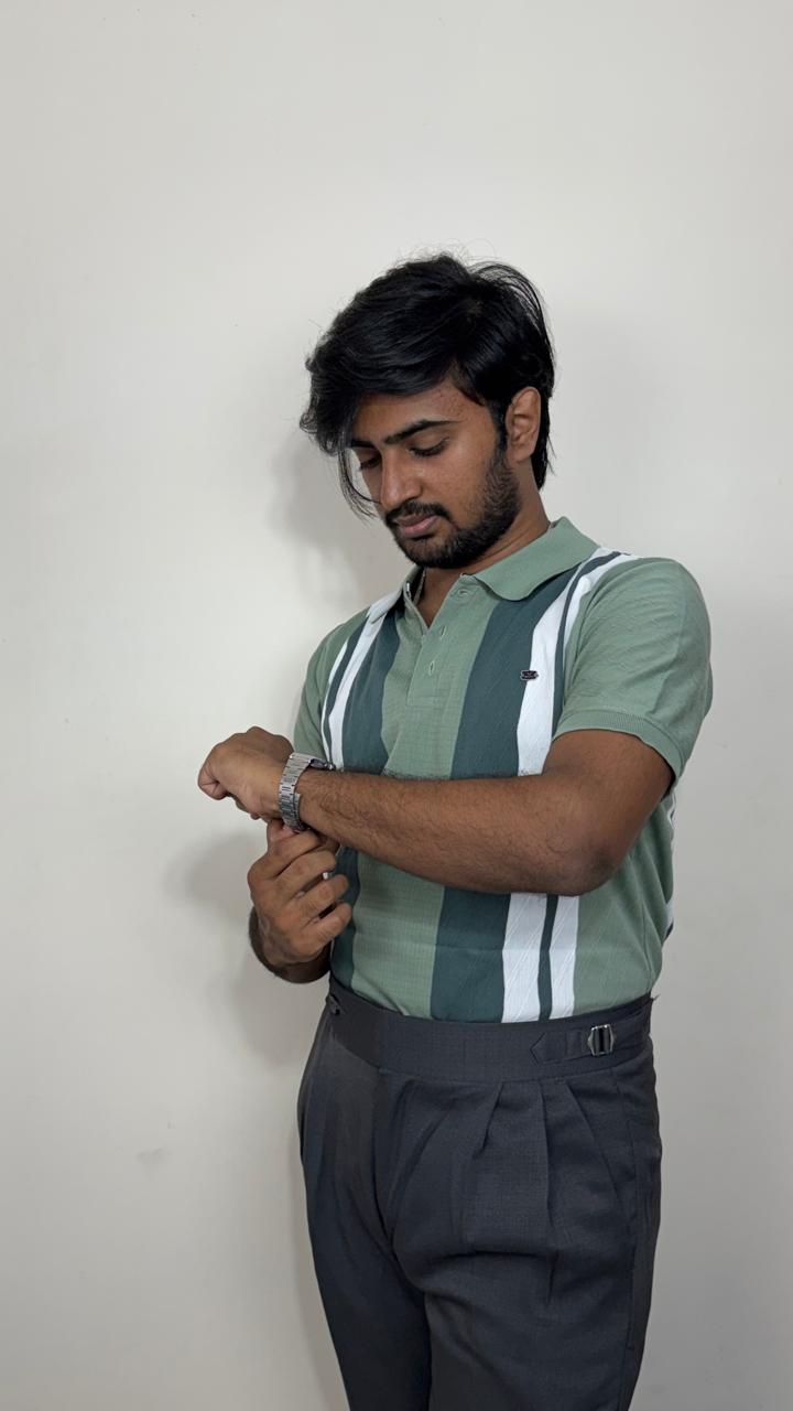 Men’s green Knitted Cotton Polo T-Shirt | Premium Vertical Stripe Polo Tee