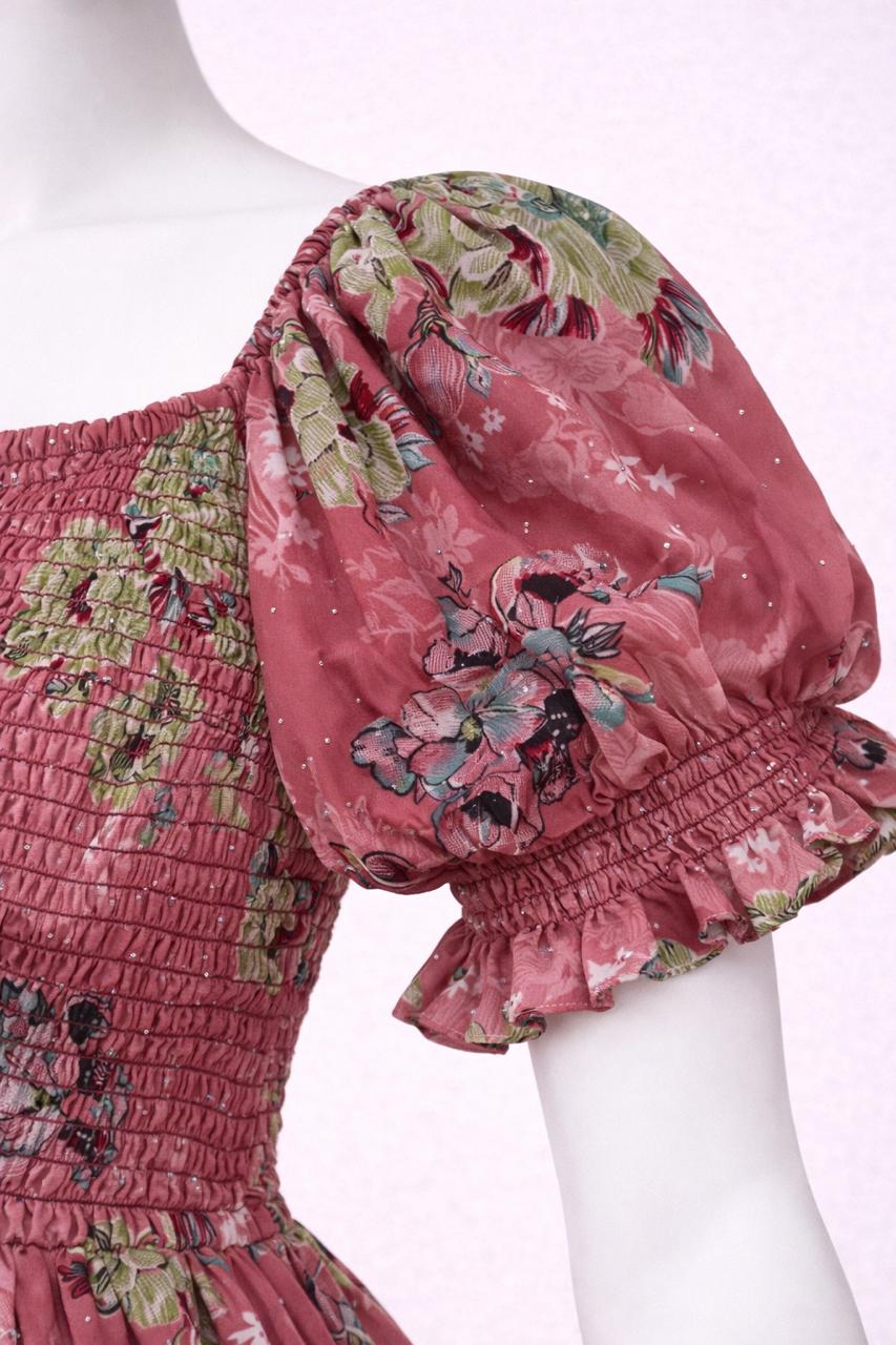 Women's pink floral printed sundress with puff sleeves