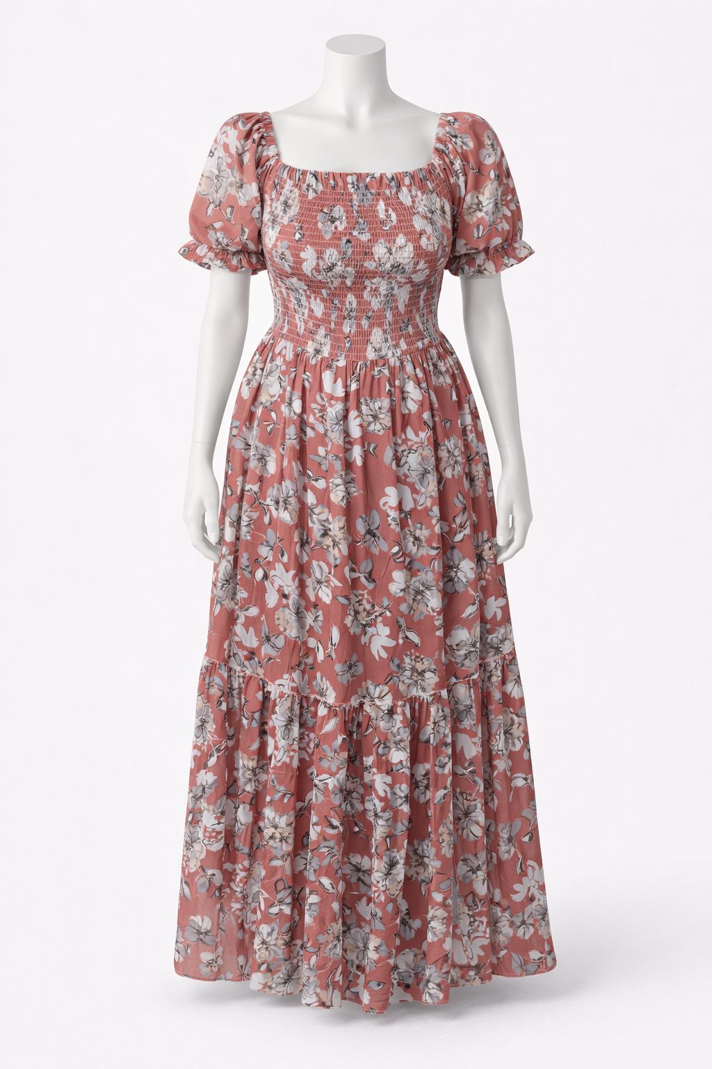 Women's pink floral printed sundress with puff sleeves