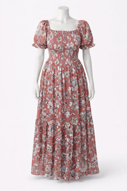 Women's pink floral printed sundress with puff sleeves