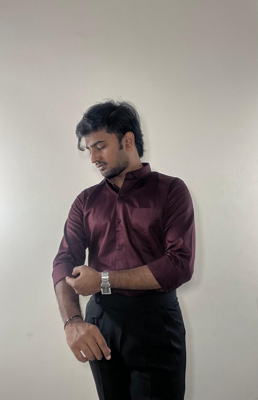 Burgundy wine fluid shirt & black Gurkha pants set