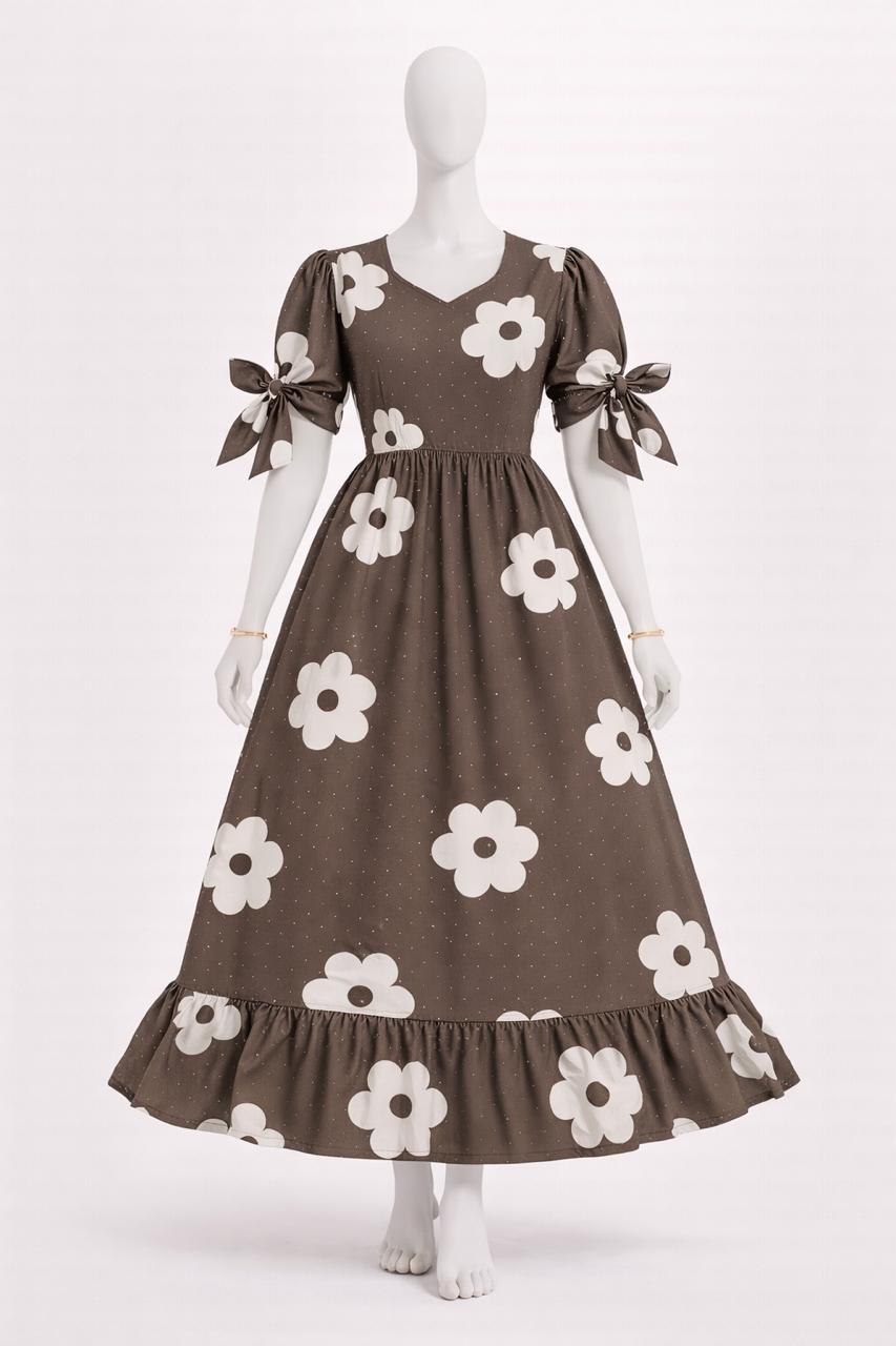 Women's slate brown floral maxi with puff sleeves tie up dress