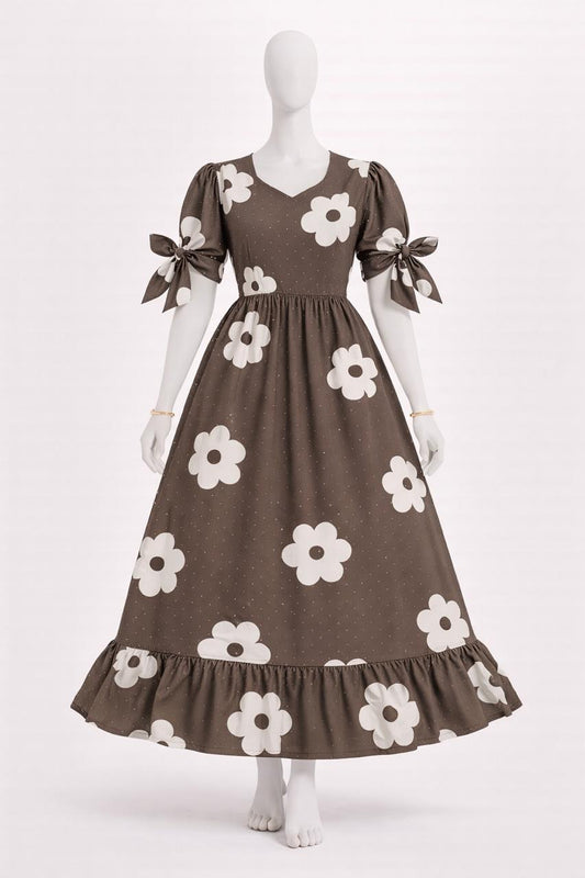 Women's slate brown floral maxi with puff sleeves tie up dress