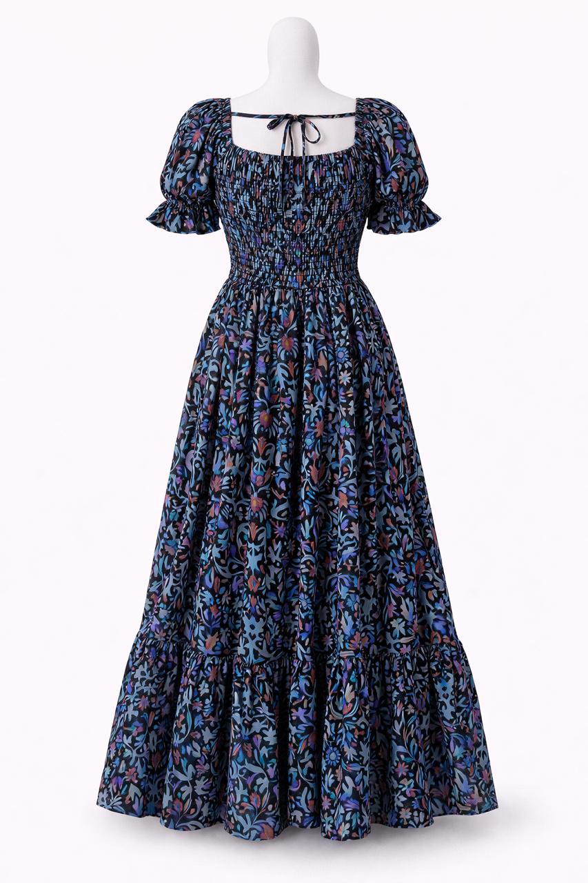 Women's Black with blue printed sundress with puff sleeves