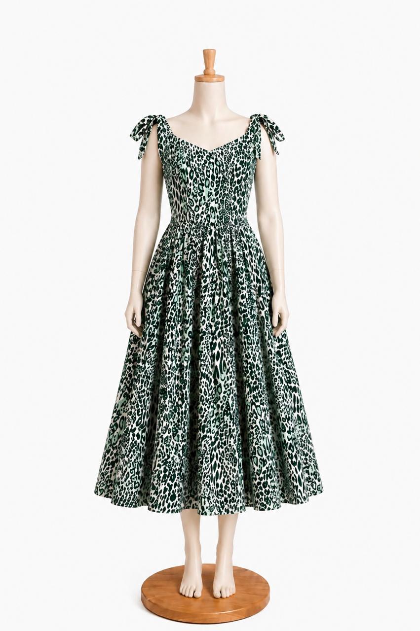 Kids & teens  Green printed Summer Midi Dress with shoulder Tie straps & Chest Cup