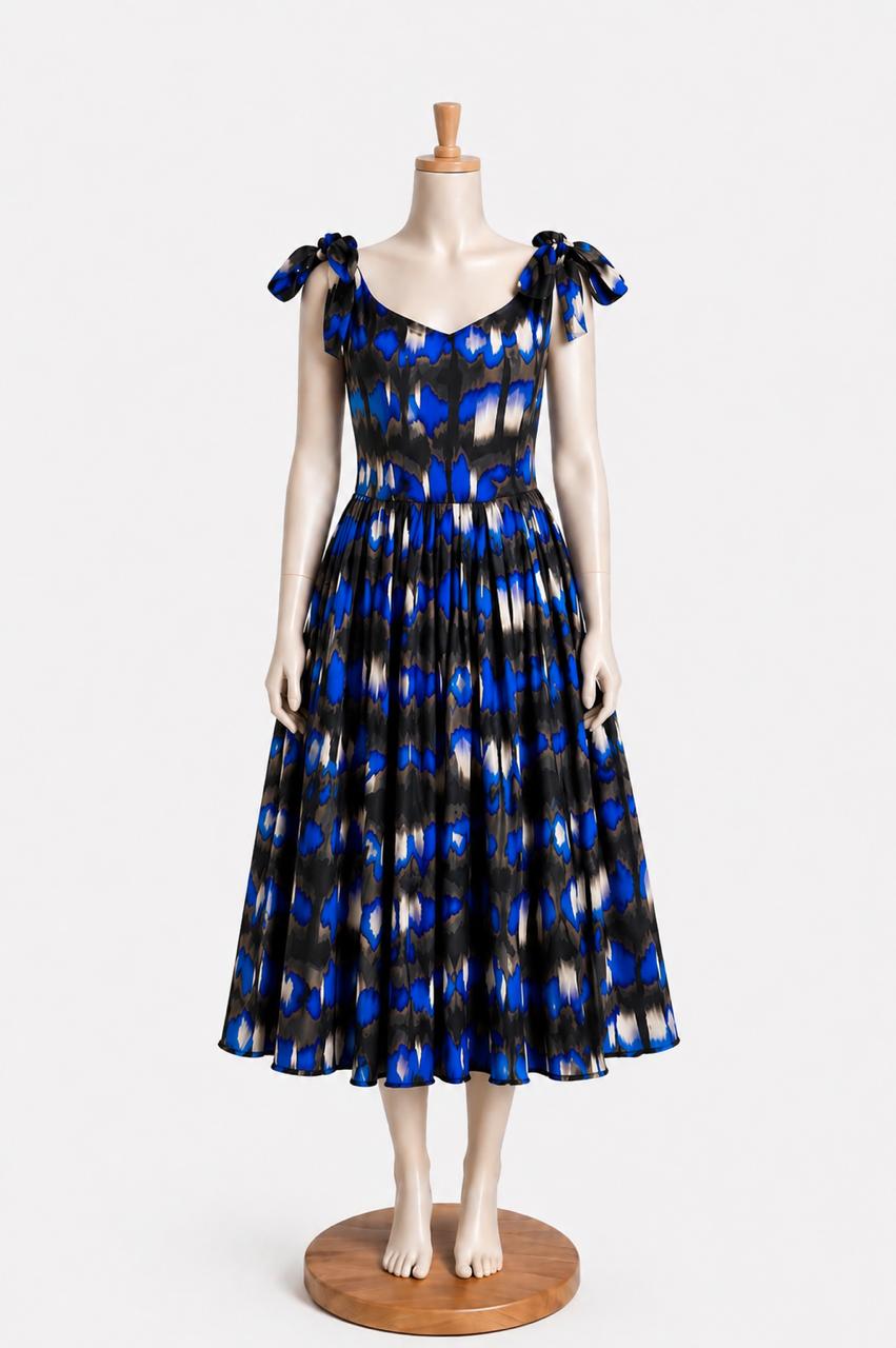 Kids & teens Black & Blue Abstract Print  Summer Midi Dress with shoulder Tie straps & Chest Cup