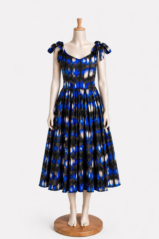 Kids & teens Black & Blue Abstract Print  Summer Midi Dress with shoulder Tie straps & Chest Cup