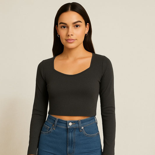 Stylish charcoal grey knitted crop top| full sleeve