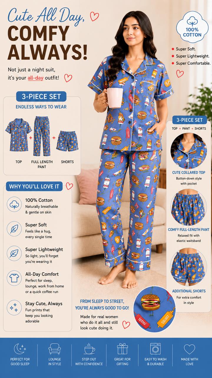 Women's Burger Printed Premium 3-Piece Cotton Lounge Set