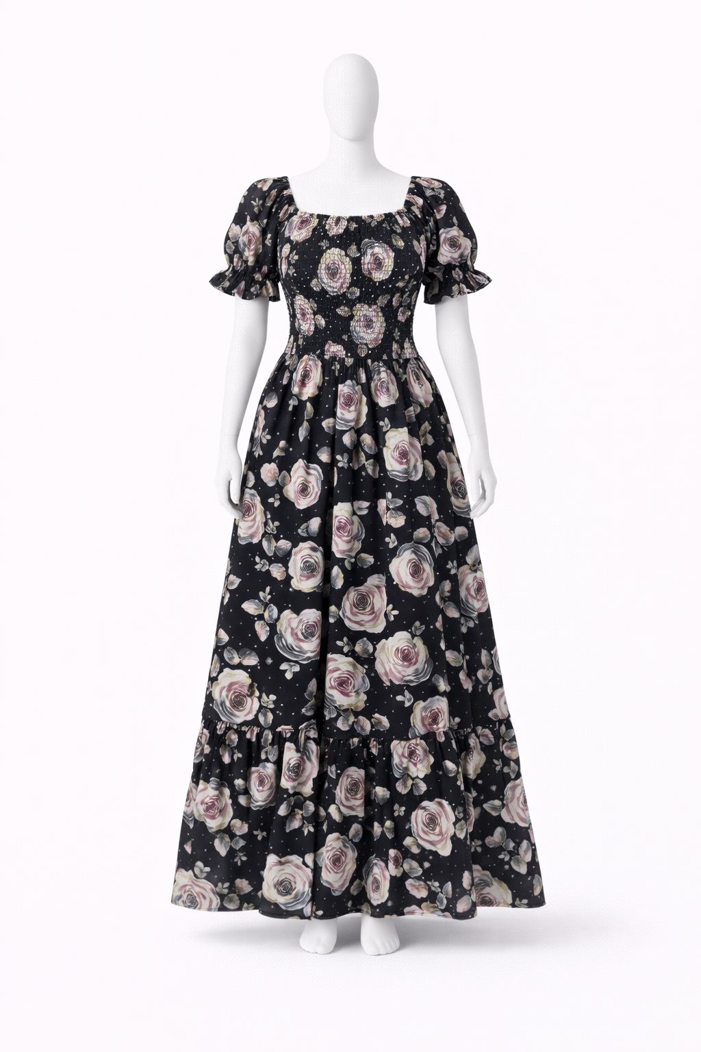 Women's Black floral printed sundress with puff sleeves