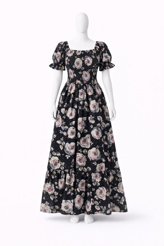 Women's Black floral printed sundress with puff sleeves