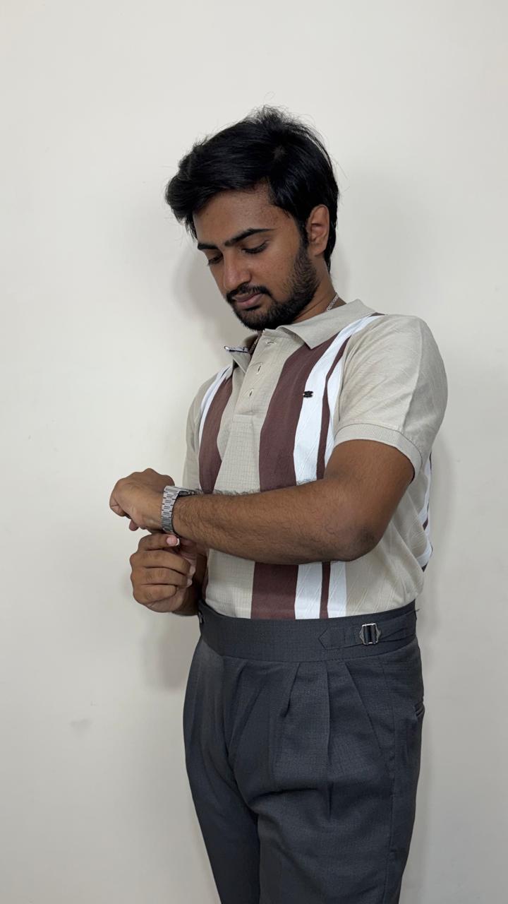 Men’s Beige & brown Knitted Cotton Polo T-Shirt | Premium Vertical Stripe Polo Tee