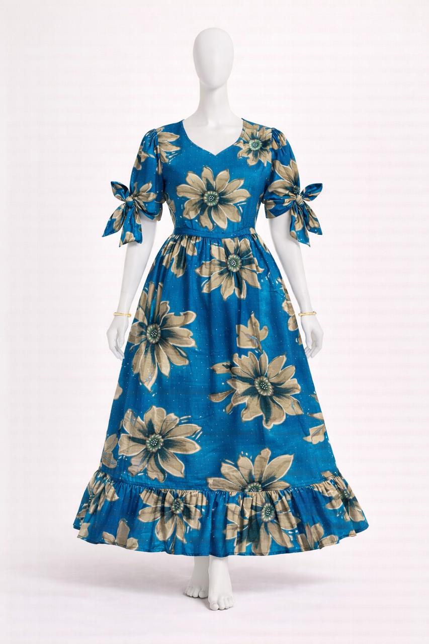 Women's blue floral maxi with puff sleeves tie up dress