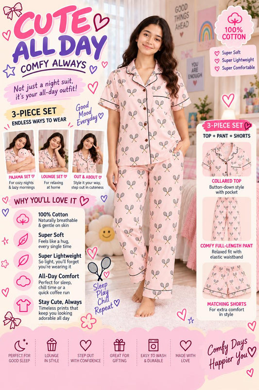 Kid's tennis bat Printed Premium 3-Piece Cotton Lounge Set