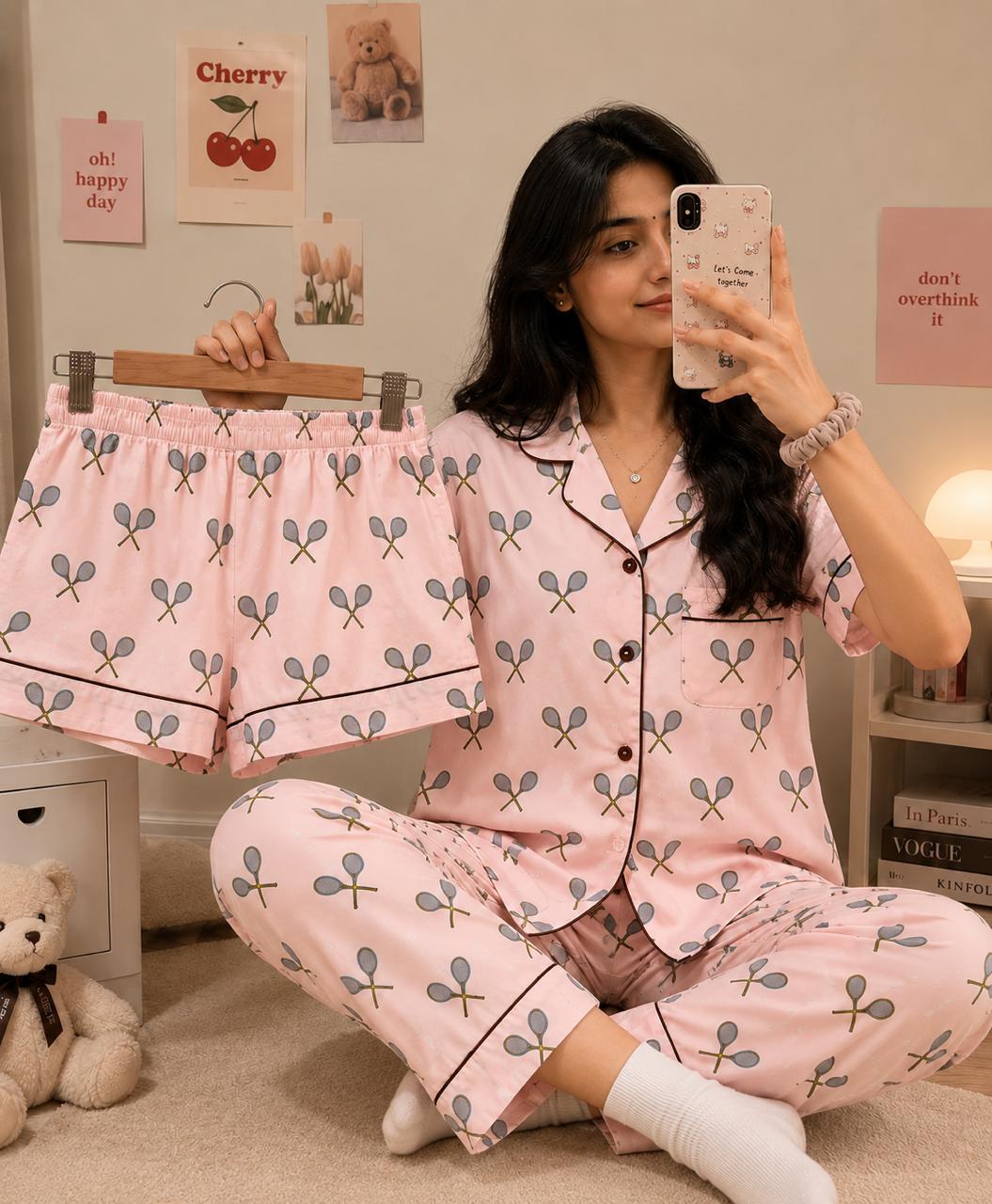 Women's Tennis bat Printed Premium 3-Piece Cotton Lounge Set
