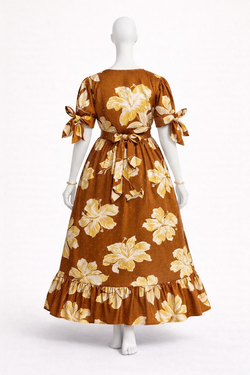 Women's Carmel brown floral maxi with puff sleeves tie up dress