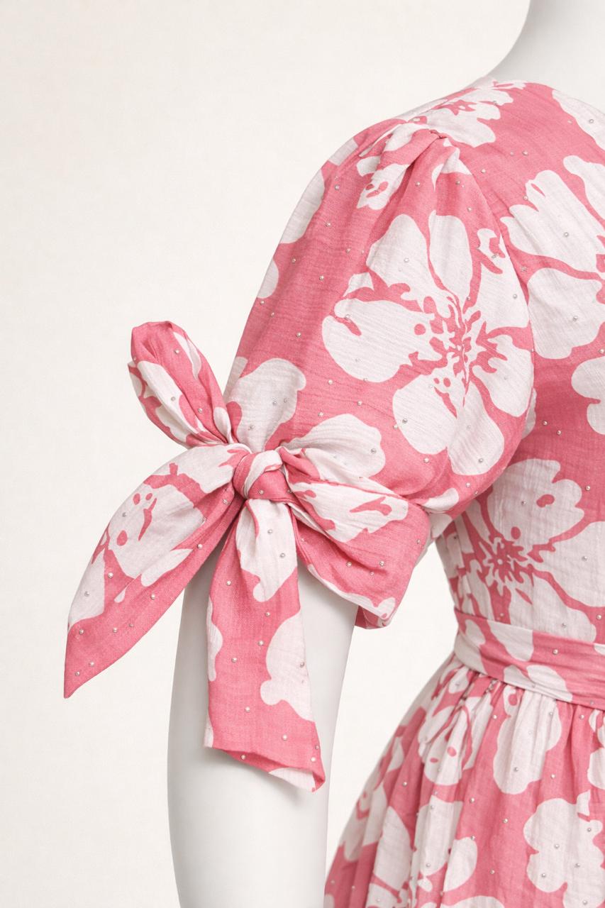 Women's pink floral maxi with puff sleeves tie up dress