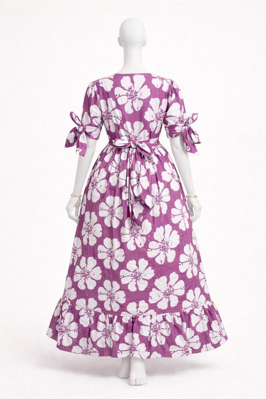 Women's violet floral maxi with puff sleeves tie up dress