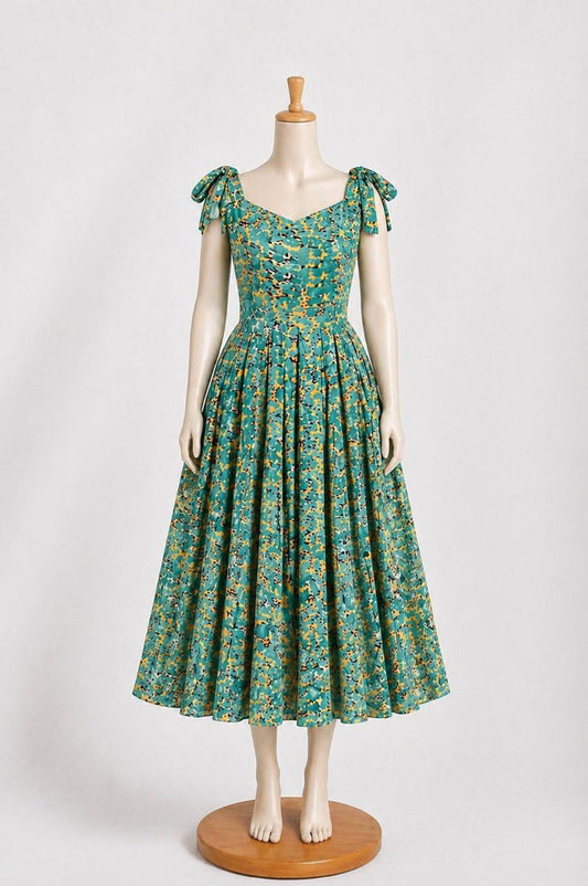 Kids & teens  Sea Green Abstract Printed Summer Midi Dress with shoulder Tie straps & Chest Cup