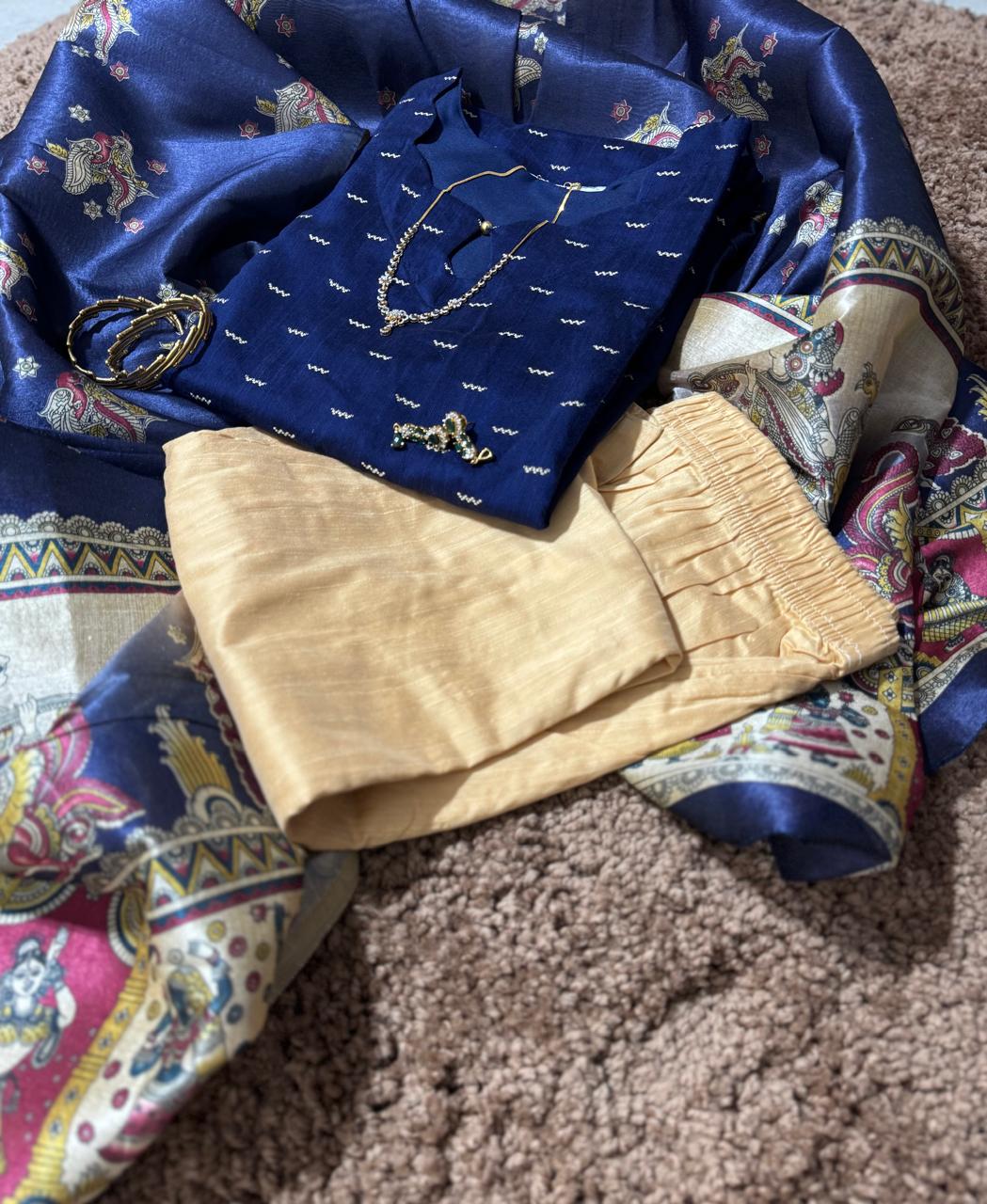 Pure Raw Silk Churidar Set with Kalamkari Dupatta & Pant
