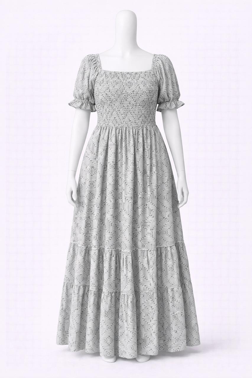 Women's white & green printed sundress with puff sleeves