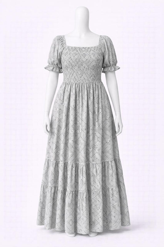 Women's white & green printed sundress with puff sleeves