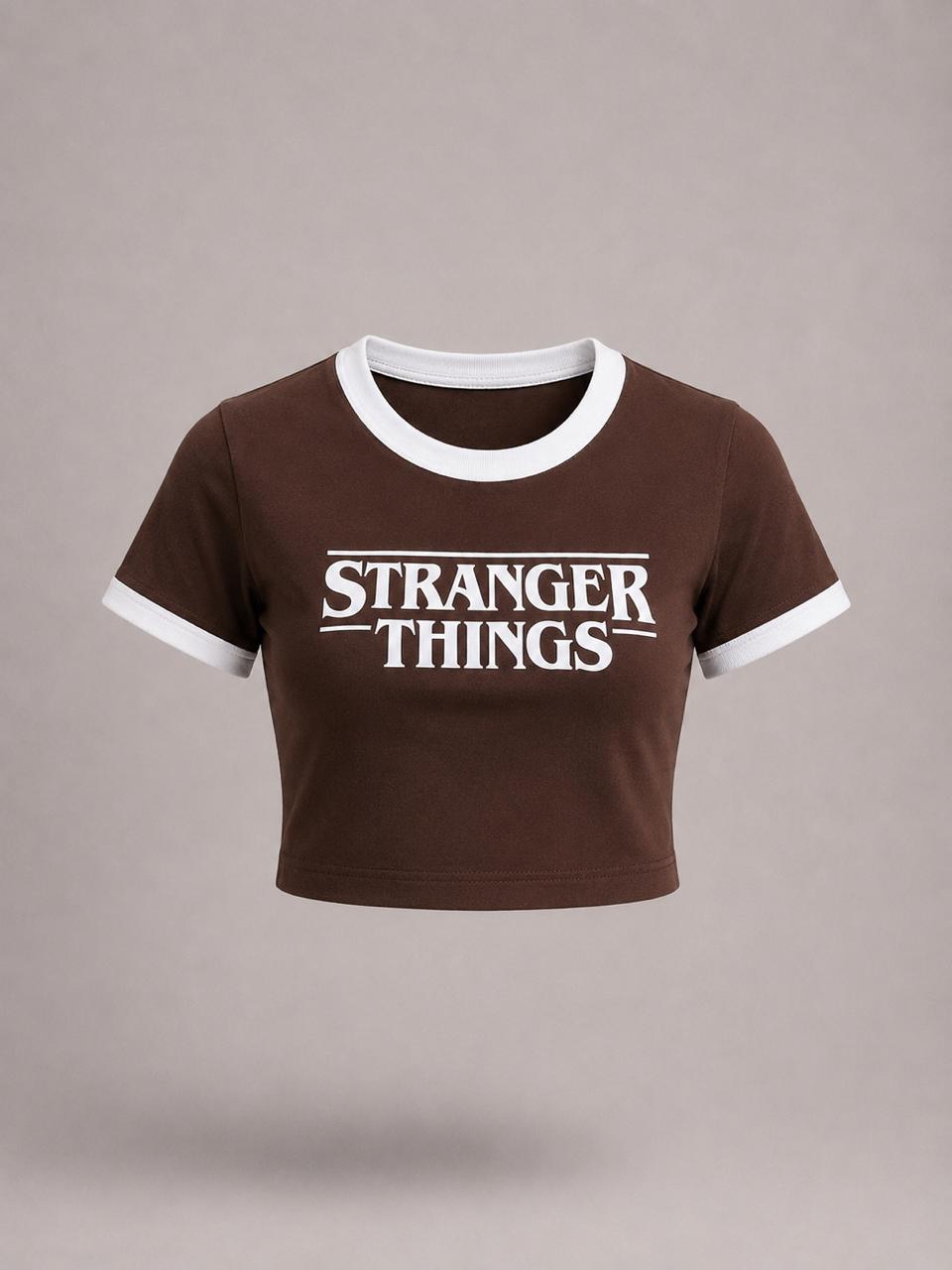 Brown printed round neck  contrast collar Baby tee | Women's cropped Fit T-shirt
