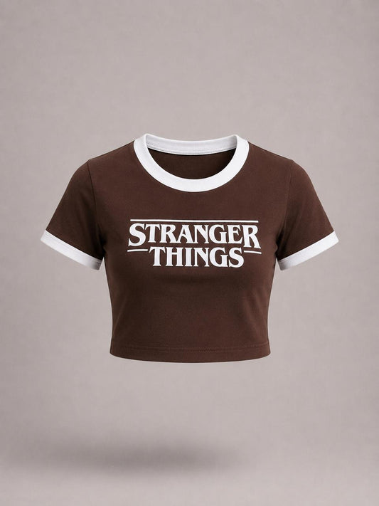 Brown printed round neck  contrast collar Baby tee | Women's cropped Fit T-shirt
