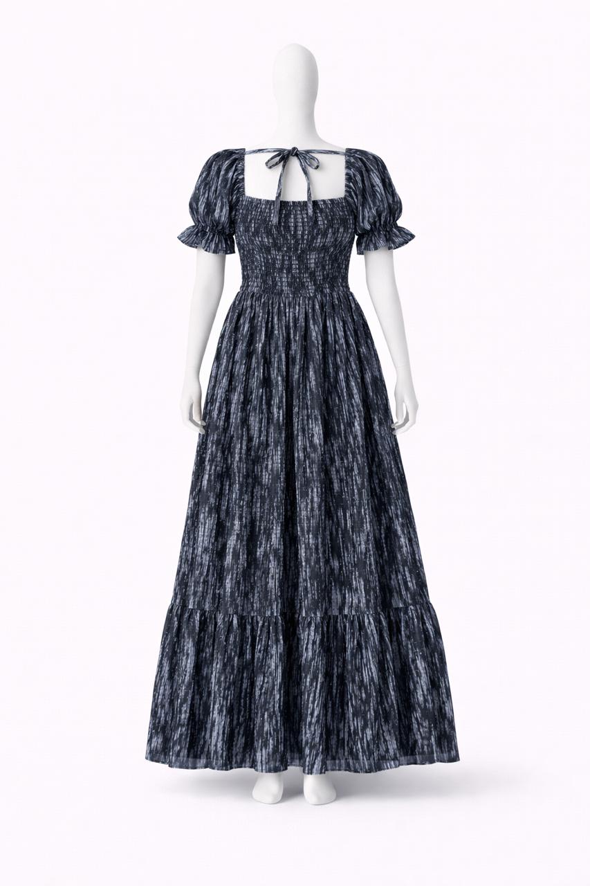 Women's black & blue marble finish printed sundress with puff sleeves