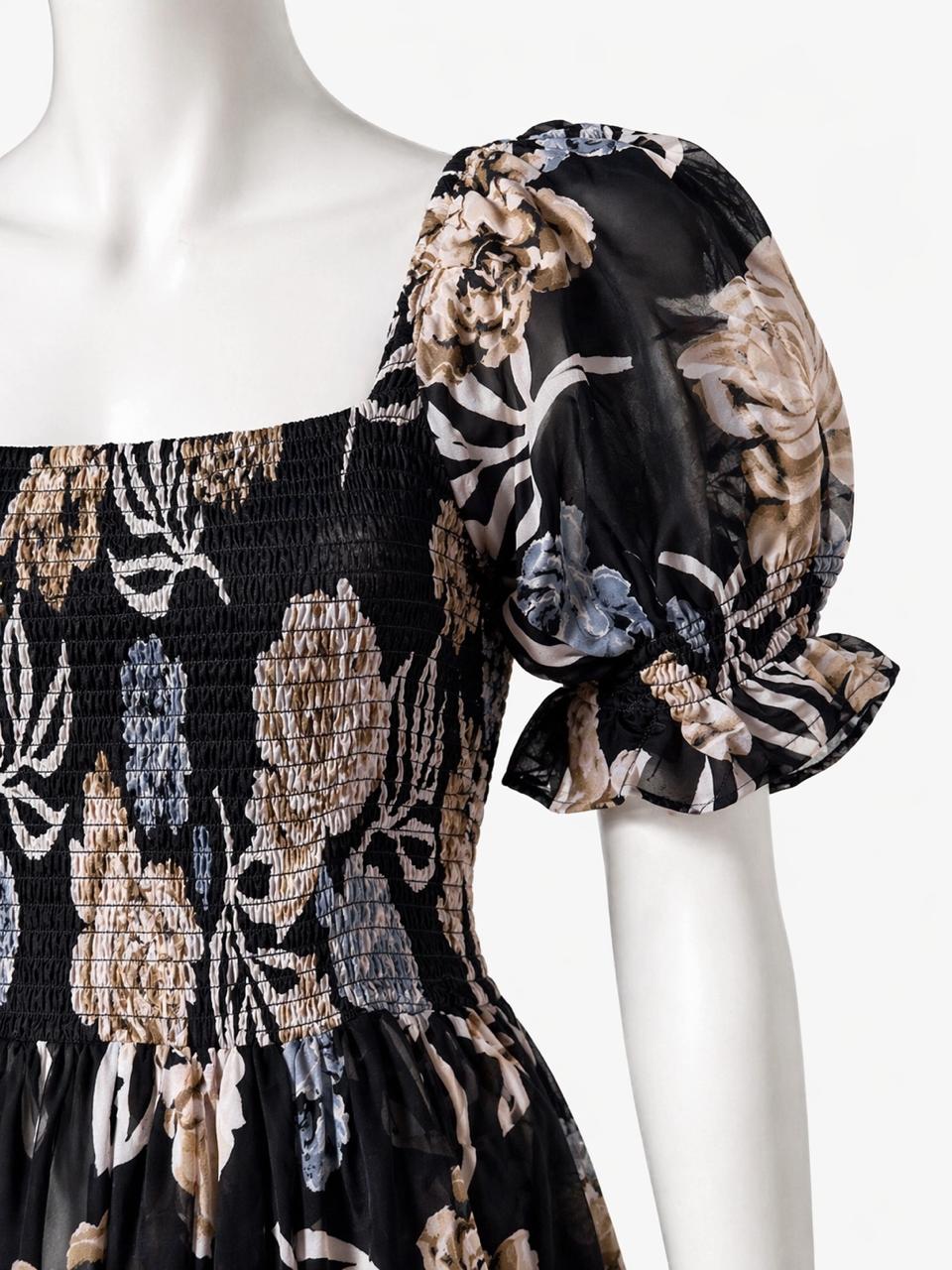 Women's Black floral printed sundress with puff sleeves