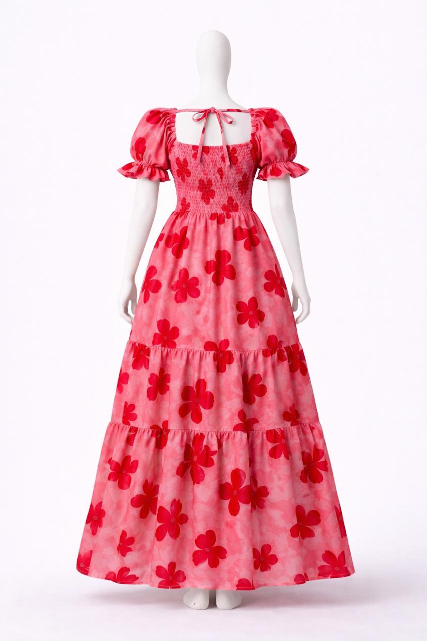 Women's floral printed pink sundress with puff sleeves