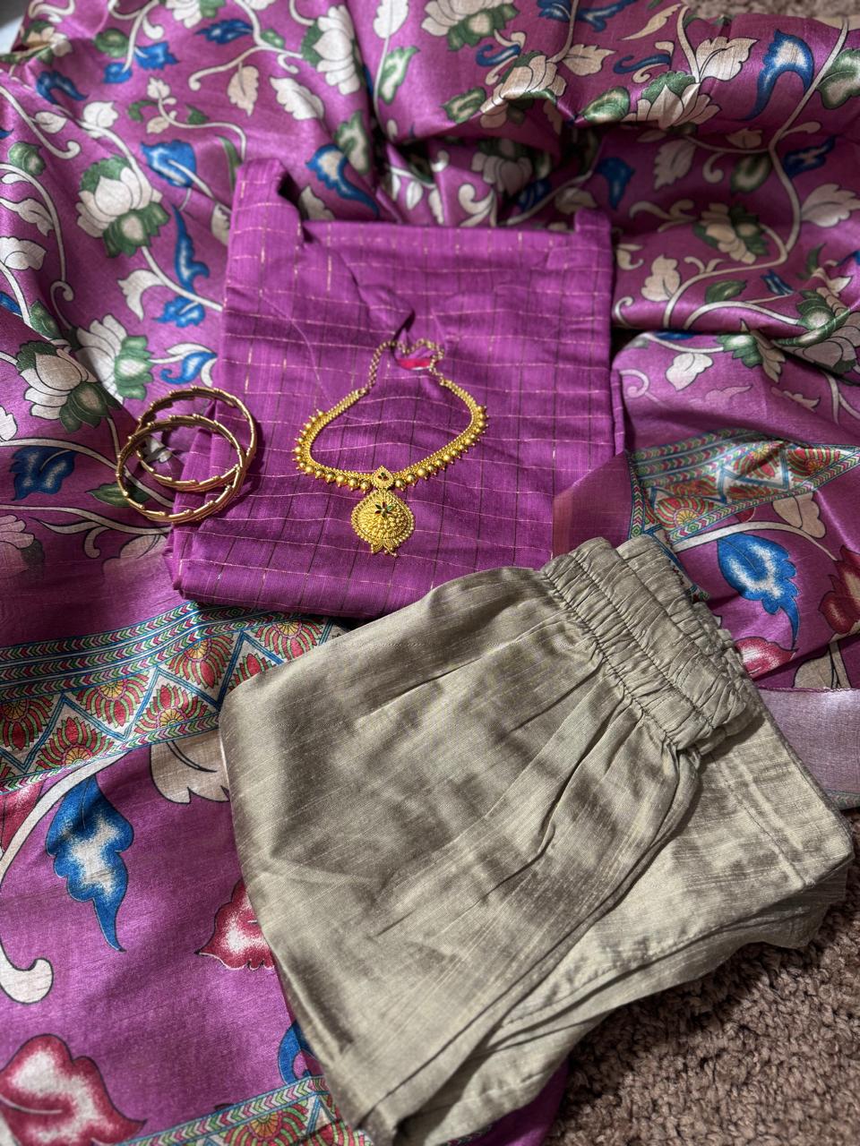 Pure Raw Silk Churidar Set with Kalamkari Dupatta & Pant