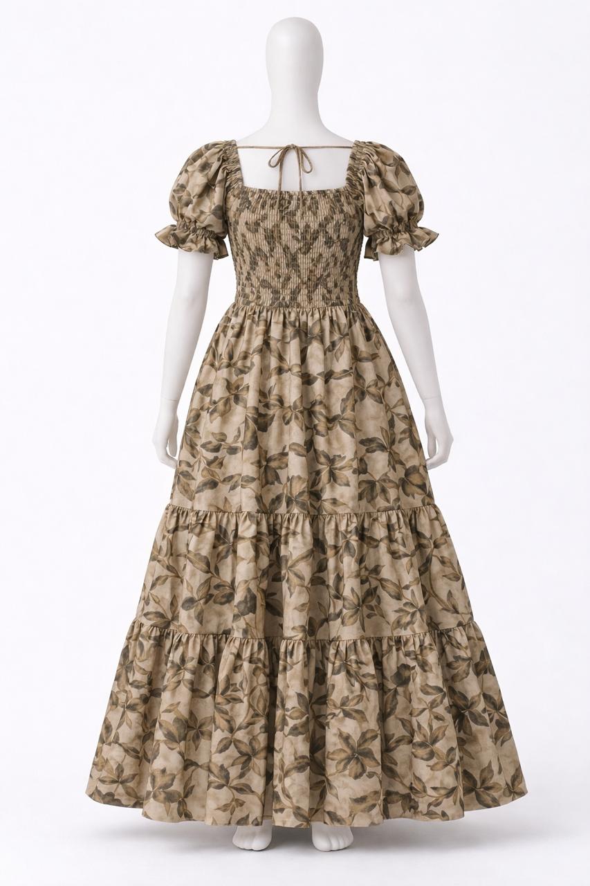 Women's vintage yellow printed sundress with puff sleeves