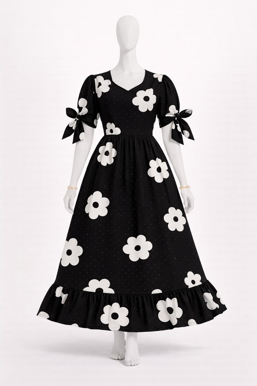 Women's Black floral maxi dress with puff sleeves tie up dress