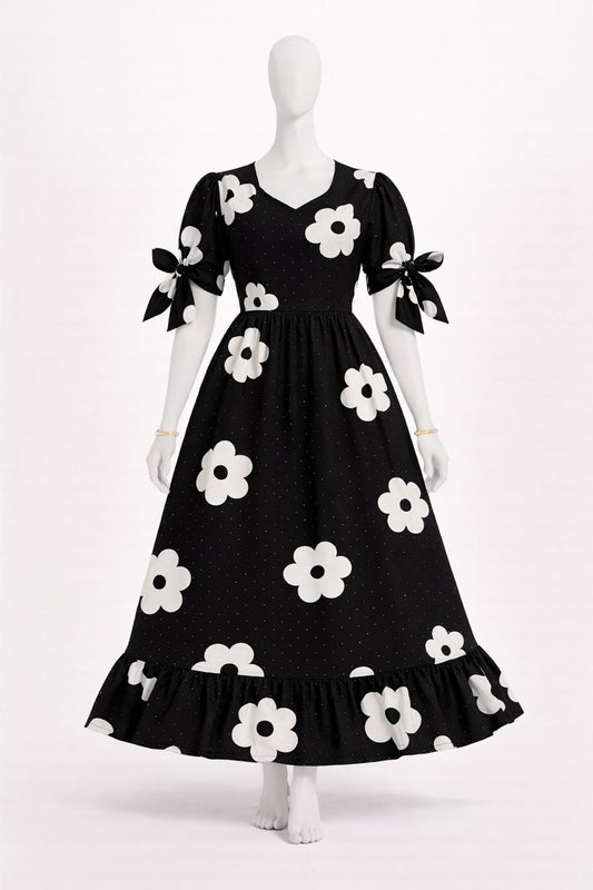 Women's Black floral maxi dress with puff sleeves tie up dress