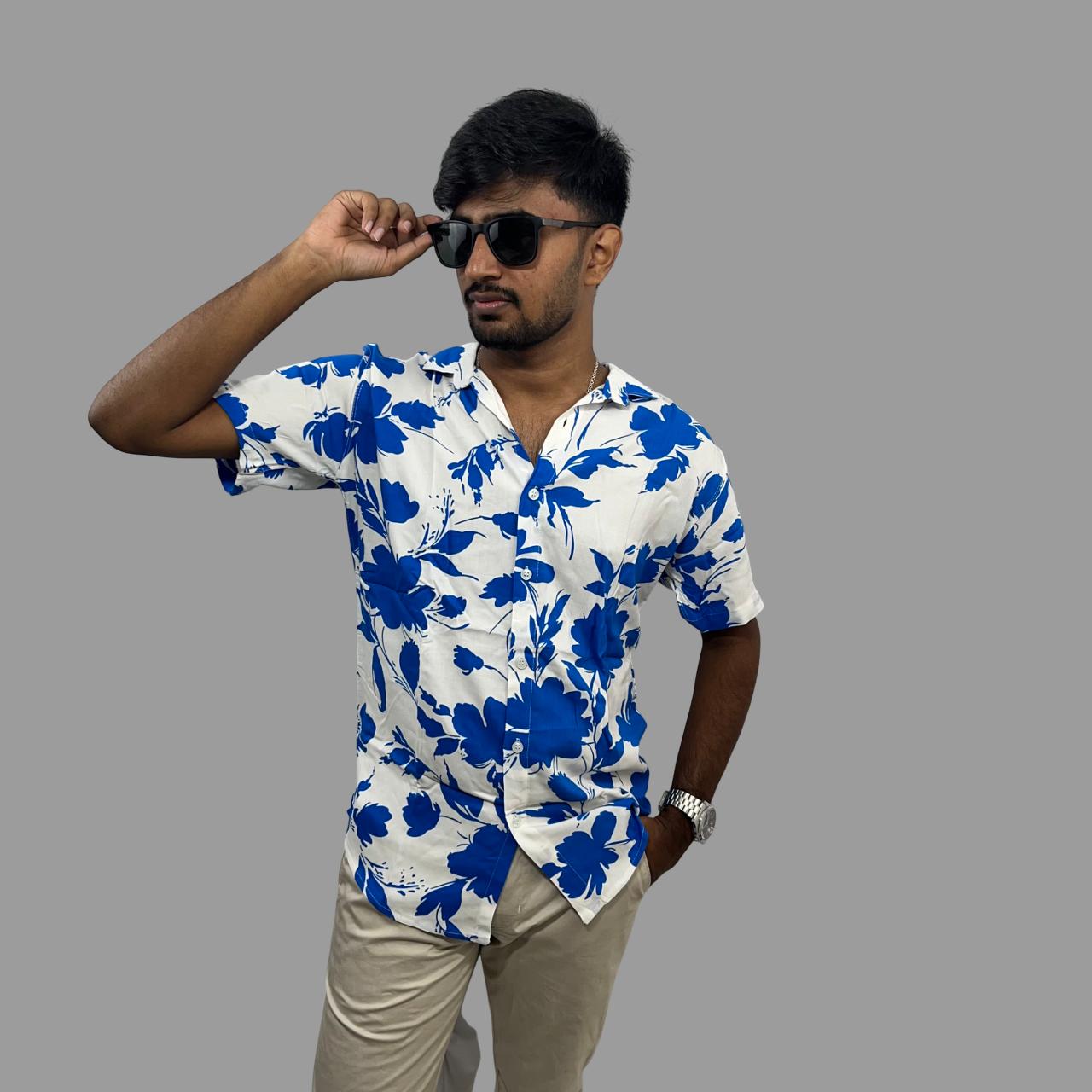 White and blue floral printed cuban collar shirt